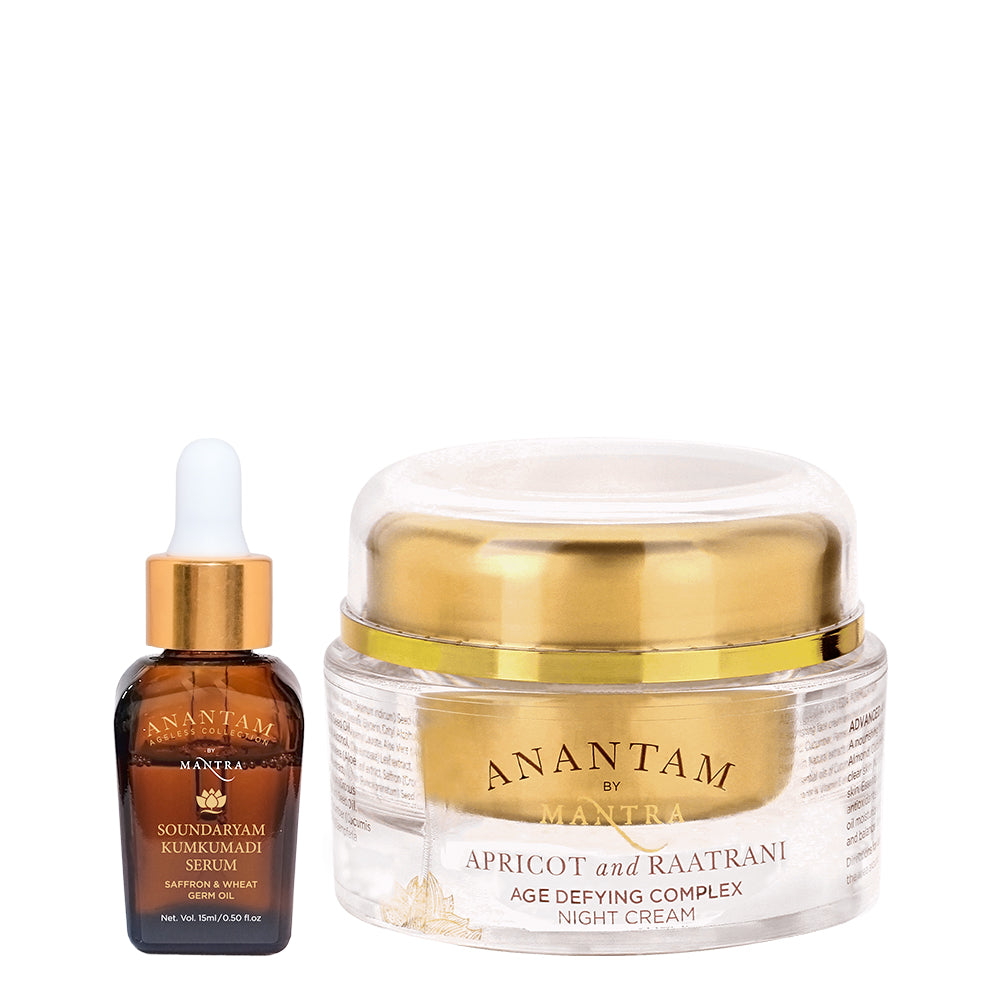 Pigmentation Repair Night Duo: Soundaryam Kumkumadi Serum + Apricot and Raatrani Age Defying Complex Night Cream
