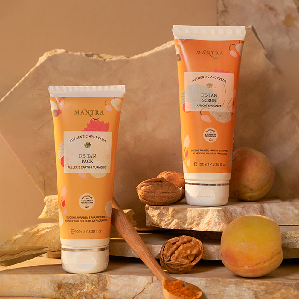De Tan Combo: De-Tan Scrub Apricot & Walnut + De-Tan Pack Fuller’s Earth & Turmeric