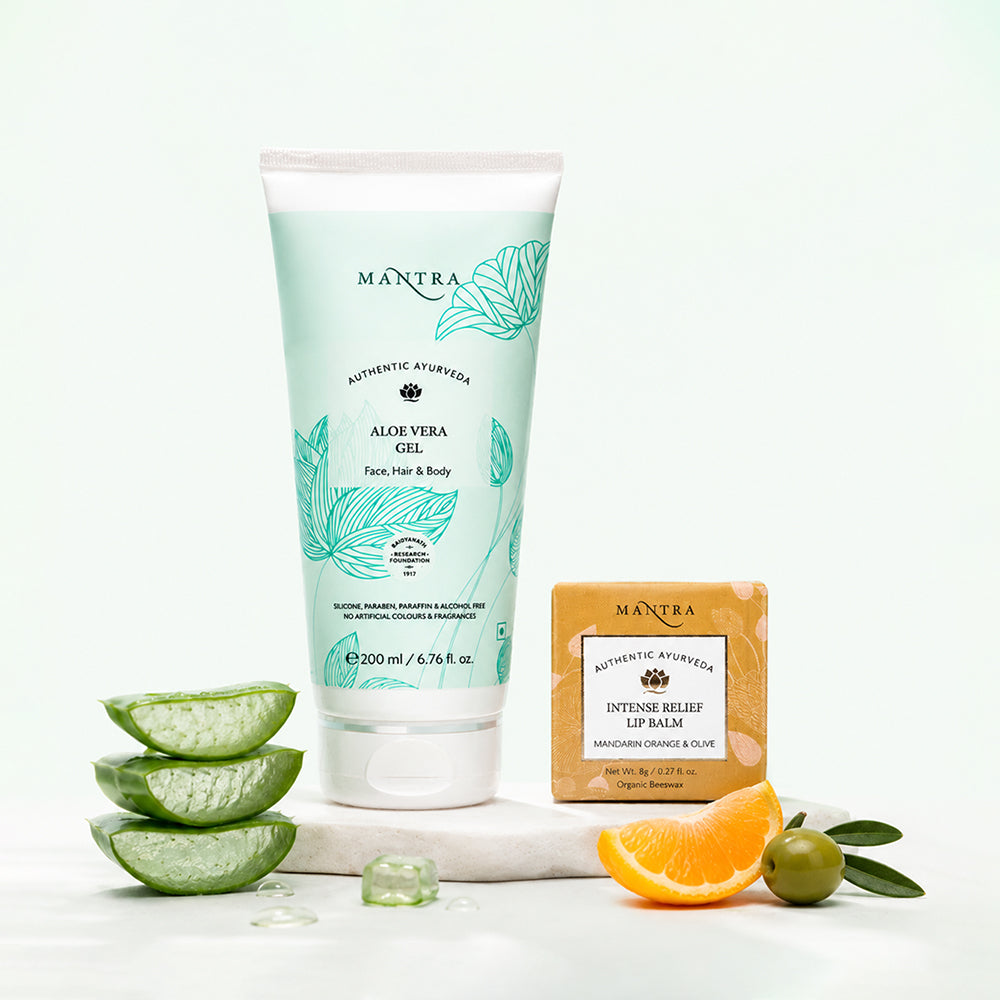 Nourish & Soothe Duo: Aloe Vera Gel Face, Hair & Body + Intense Relief Lip Balm Mandarin Orange & Olive