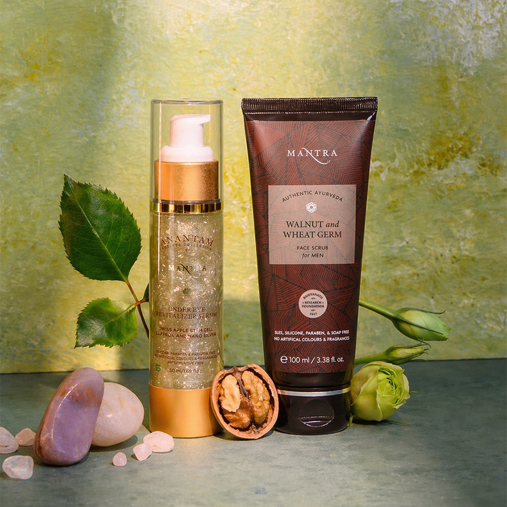 Revive & Refine Combo: Under Eye Revitalizer Serum Swiss Apple Stem Cell Saffron and Nano Silver + Walnut & Wheat Germ Face Scrub For Men