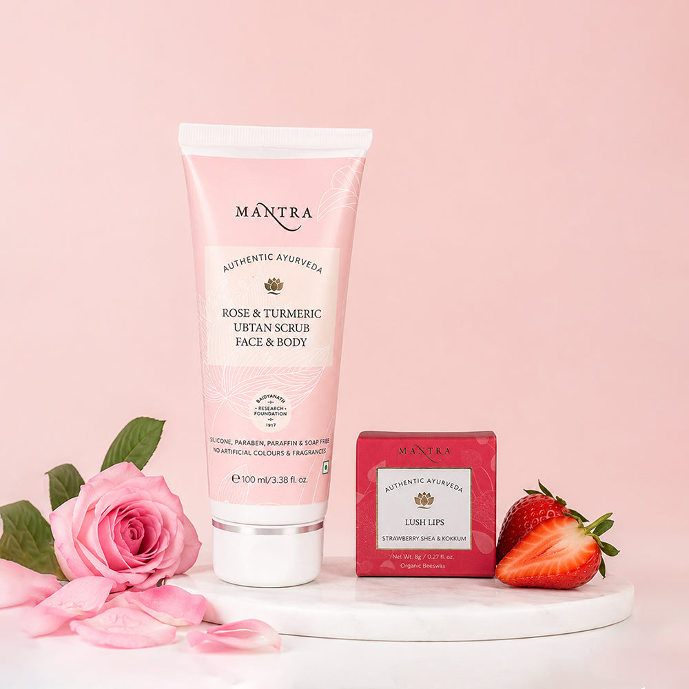 Rose & Turmeric Ubtan Scrub Face & Body + Lush Lips Strawberry Shea & Kokkum
