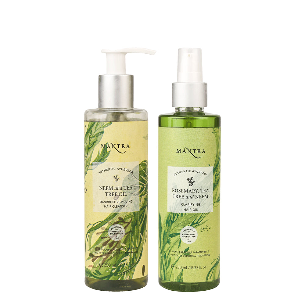 Anti-Dandruff Combo: Neem & Tea Tree Oil Dandruff Removing Hair Cleanser + Rosemary, Tea Tree & Neem Clarifying Hair Oil