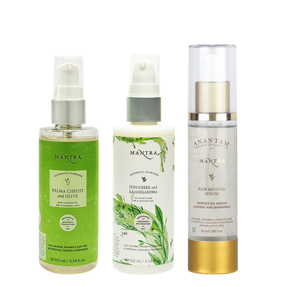 Damage Repair Combo: Palma Christi and Olive Hair Cleanser + Fenugreek and Rajanigandha Hair Conditioner + Hair Revival Serum