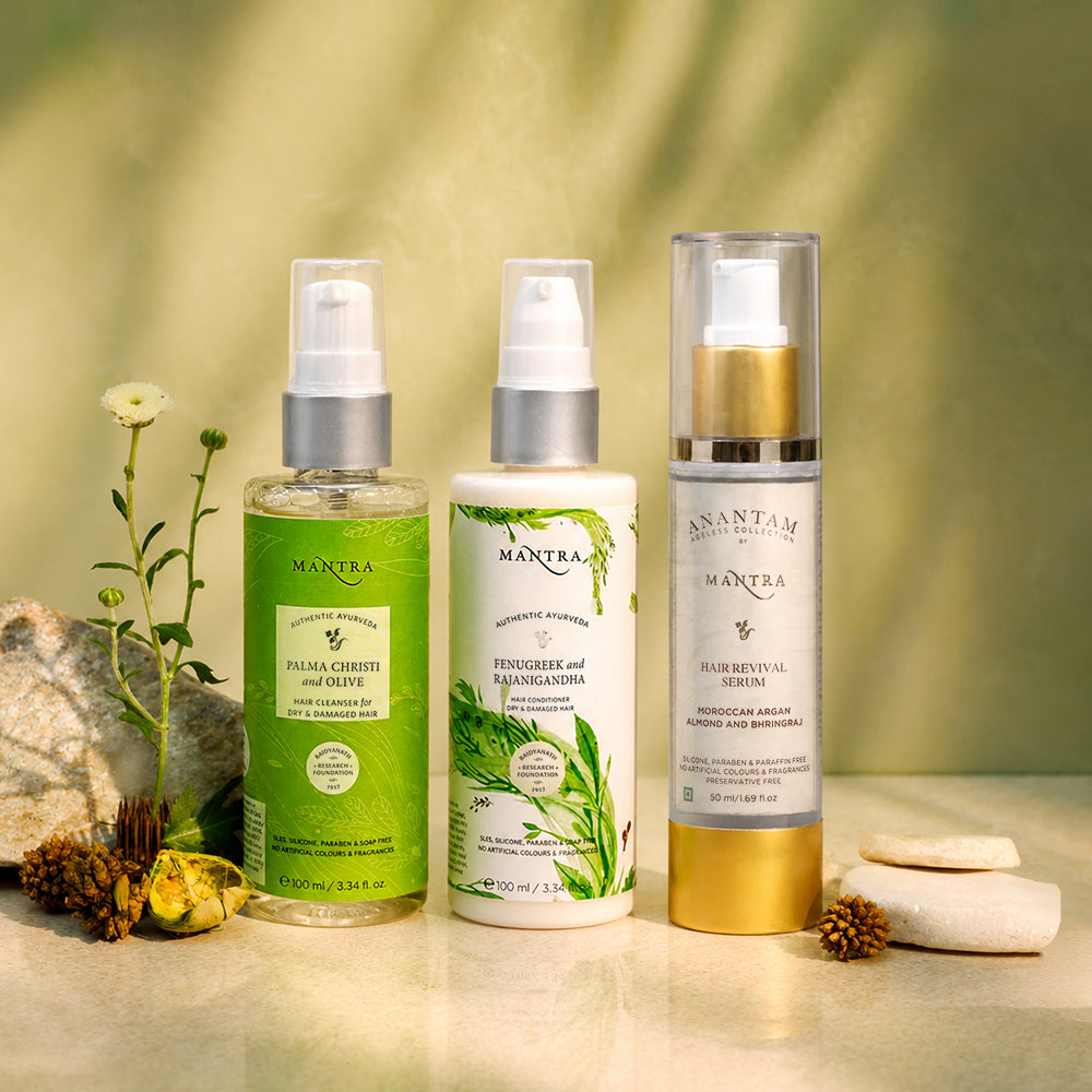 Damage Repair Combo: Palma Christi and Olive Hair Cleanser + Fenugreek and Rajanigandha Hair Conditioner + Hair Revival Serum