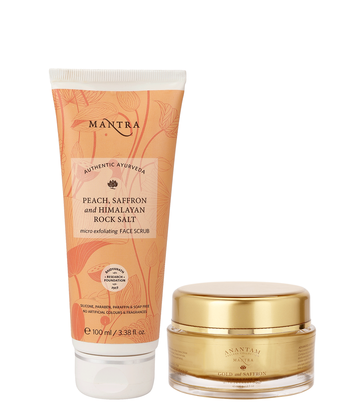 Gold and Saffron Glowing Face Gel with 24 Carat Gold 50gm + Peach, Saffron and Himalayan Rock Salt Micro Exfoliating Face Scrub 100ml