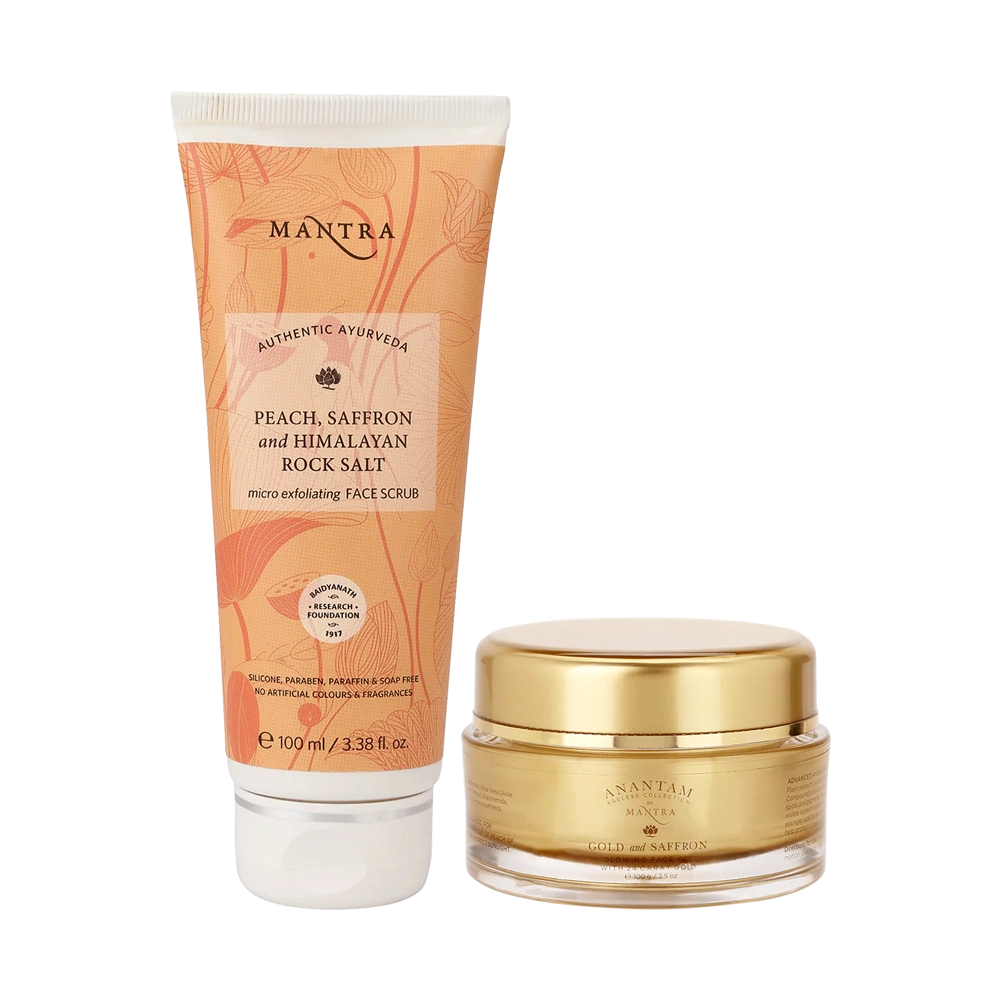 Glow & Renew Duo: Gold and Saffron Glowing Face Gel with 24 Carat Gold 50gm + Peach, Saffron and Himalayan Rock Salt Micro Exfoliating Face Scrub 100ml
