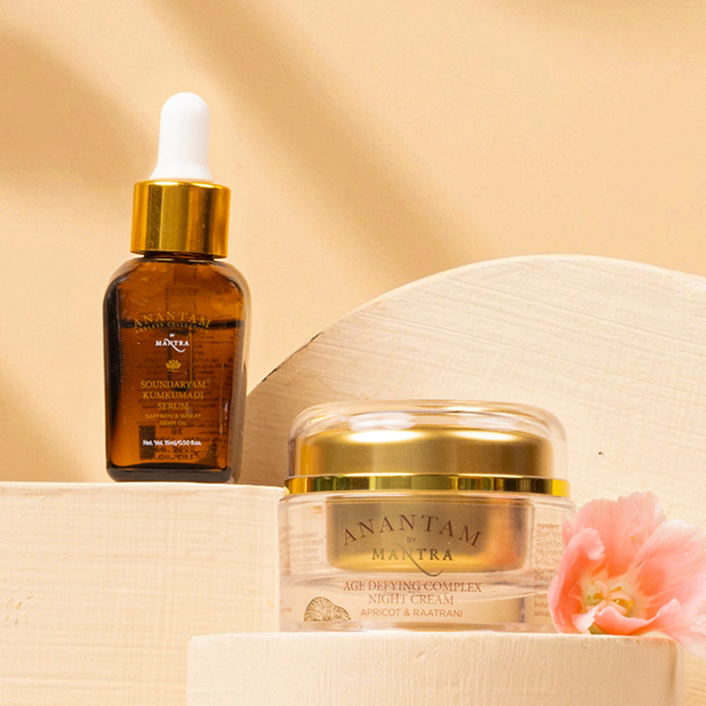 Pigmentation Repair Night Duo: Soundaryam Kumkumadi Serum + Apricot and Raatrani Age Defying Complex Night Cream