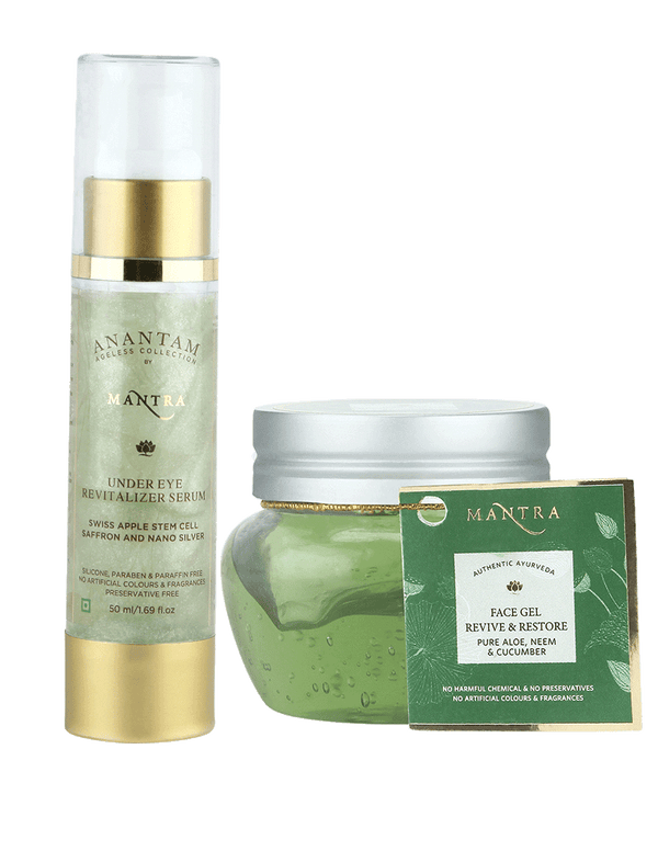 Under Eye Revitalizer with Swiss Apple Saffron & Nano Silver 50ml + Revive & Restore Face Gel with Aloe Neem & Cucumber 100gm