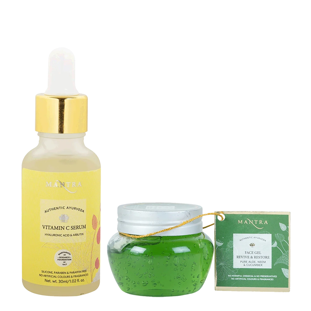 Bright & Calm Duo: Vitamin C Serum with Hyaluronic Acid and Arbutin + Face Gel Revive & Restore Pure Aloe, Neem & Cucumber