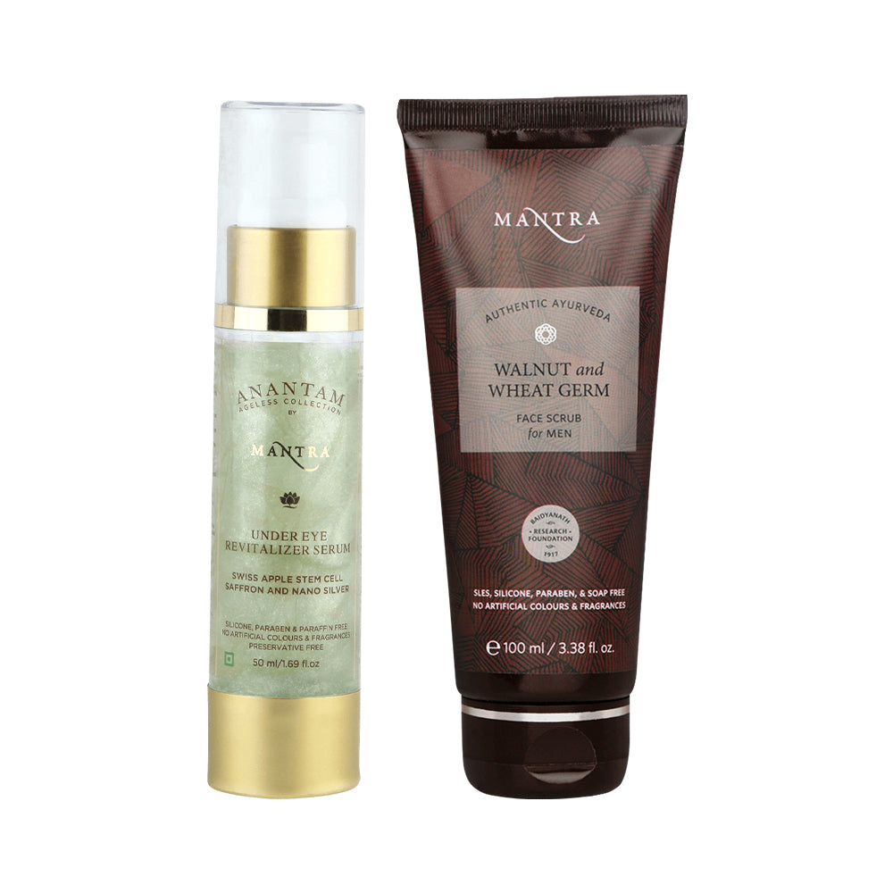 Revive & Refine Combo: Under Eye Revitalizer Serum Swiss Apple Stem Cell Saffron and Nano Silver + Walnut & Wheat Germ Face Scrub For Men