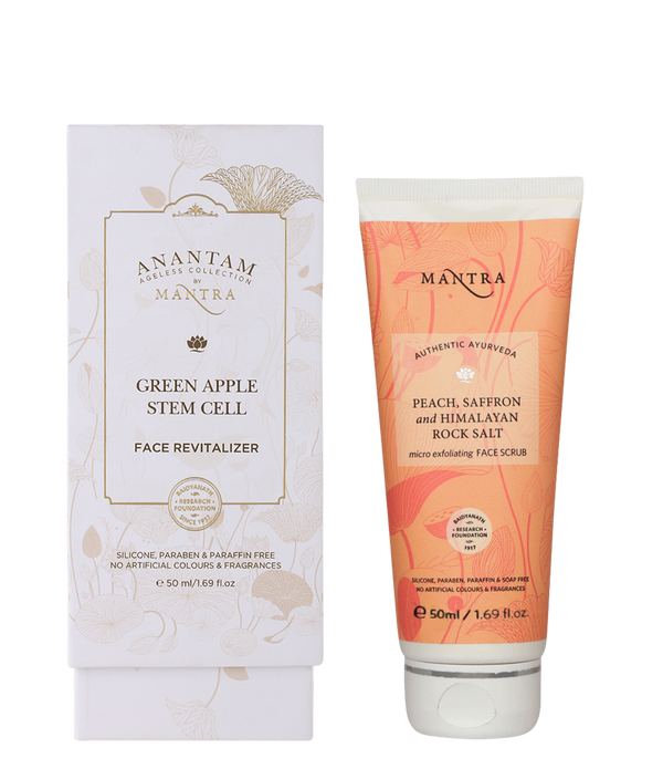 Green Apple Stem Cell Face Revitalizer + Peach, Saffron and Himalayan Rock Salt Micro Exfoliating Face Scrub