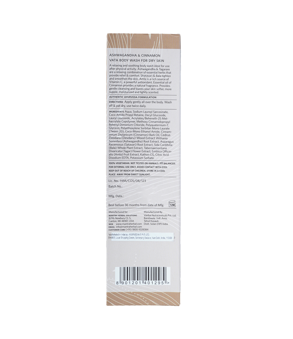 Ashwagandha and Cinnamon Vata Body Wash for Dry Skin